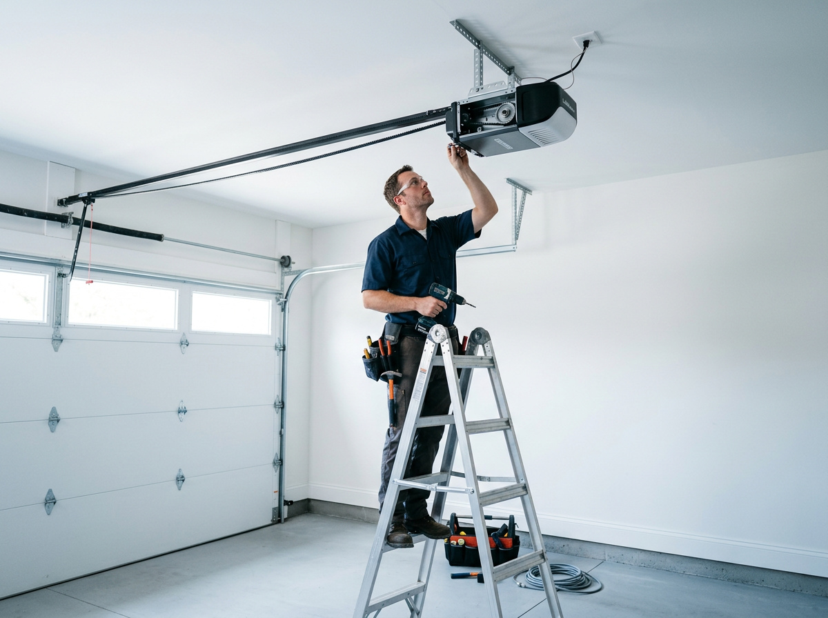 Garage door opener mounted on the ceiling