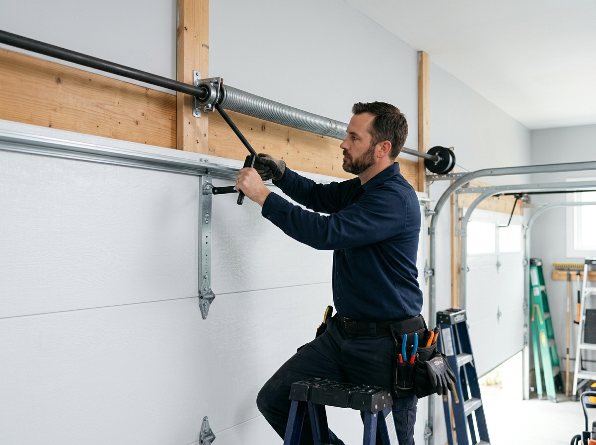 Technician replacing a broken garage door spring