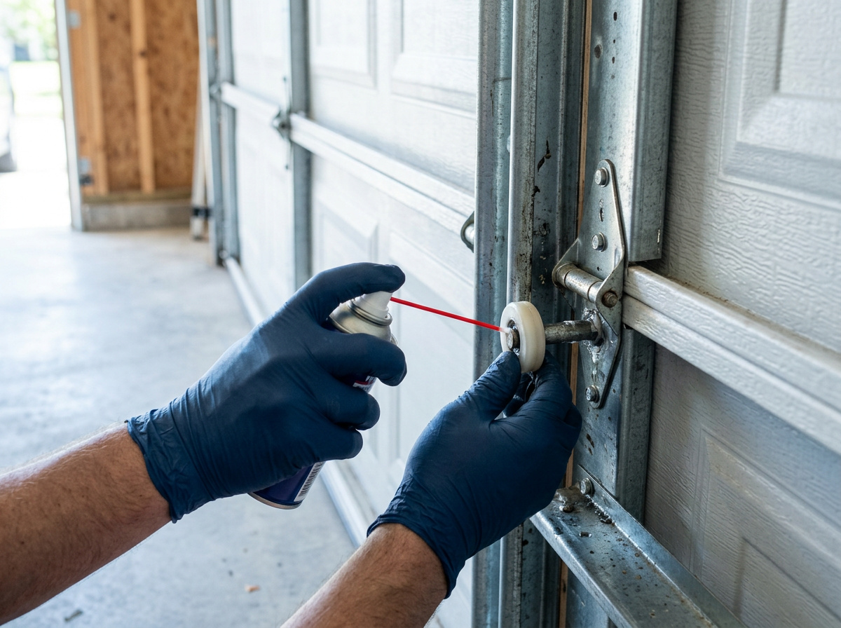 Technician lubricating garage door rollers